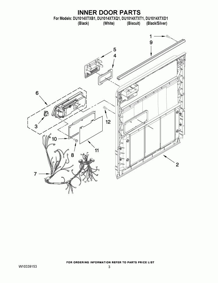 INNER DOOR PARTS Diagram and Parts List for DU1014XTXB1  Whirlpool Dishwasher