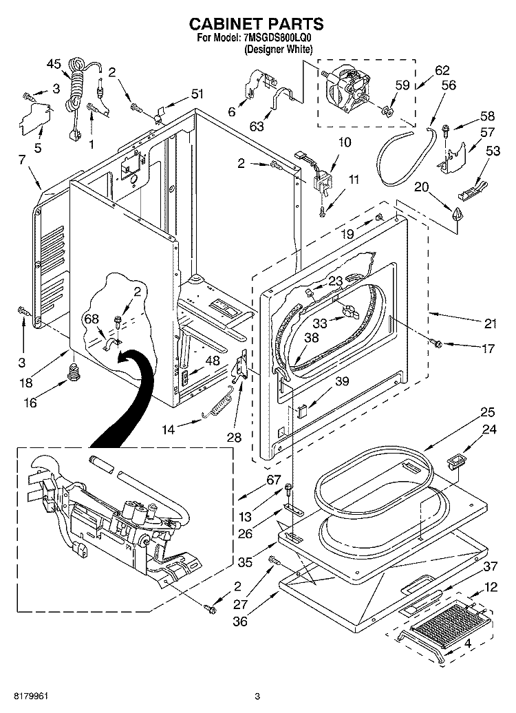 CABINET PARTS Diagram and Parts List for 7MSGDS800LQ0  Whirlpool Dryer