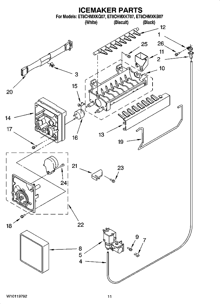 ICEMAKER PARTS, OPTIONAL PARTS Diagram and Parts List for ET8CHMXKQ07  Whirlpool Refrigerator