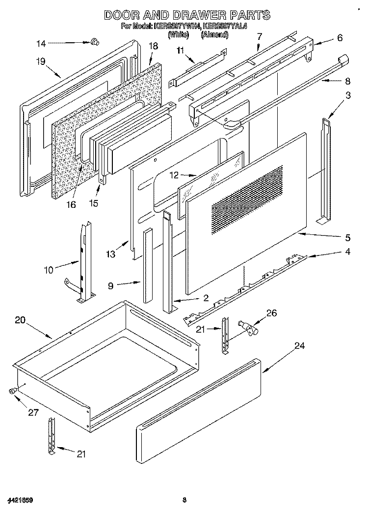 DOOR AND DRAWER Diagram and Parts List for KERS507YAL4  KitchenAid Range