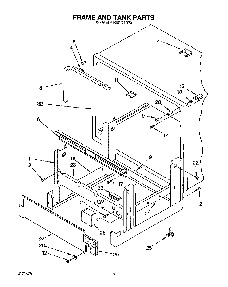 FRAME AND TANK Diagram and Parts List for KUDI22GT3  KitchenAid Dishwasher
