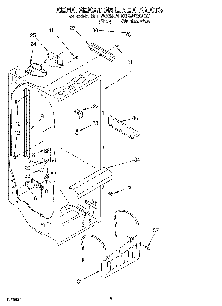 REFRIGERATOR LINER Diagram and Parts List for KSRB27QGBL01  KitchenAid Refrigerator