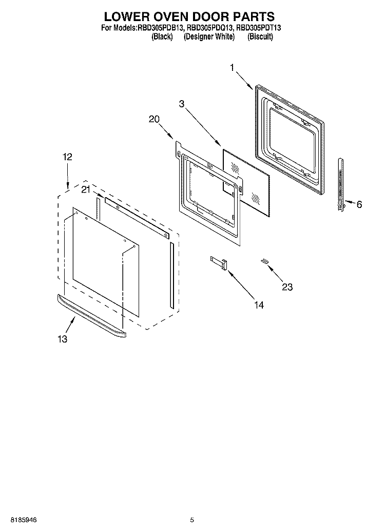 LOWER OVEN DOOR Diagram and Parts List for RBD305PDB13  Whirlpool Wall Oven