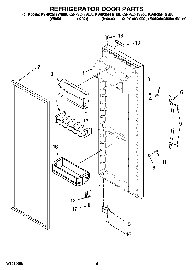 REFRIGERATOR DOOR PARTS Diagram and Parts List for KSRP25FTWH00  KitchenAid Refrigerator