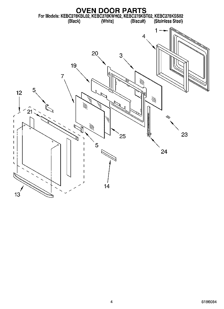 OVEN DOOR PARTS Diagram and Parts List for KEBC278KSS02  KitchenAid Wall Oven