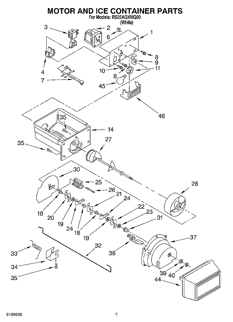 MOTOR AND ICE CONTAINER PARTS Diagram and Parts List for RS22AQXMQ00  Roper Refrigerator
