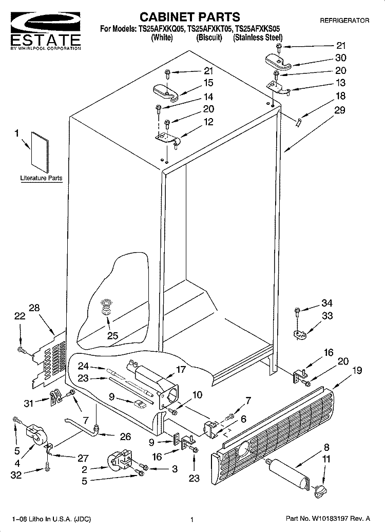 CABINET PARTS Diagram and Parts List for TS25AFXKT05  Estate Refrigerator