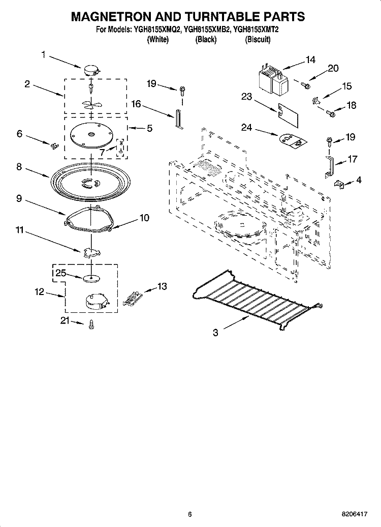 MAGNETRON AND TURNTABLE PARTS Diagram and Parts List for YGH8155XMB2  Whirlpool Microwave