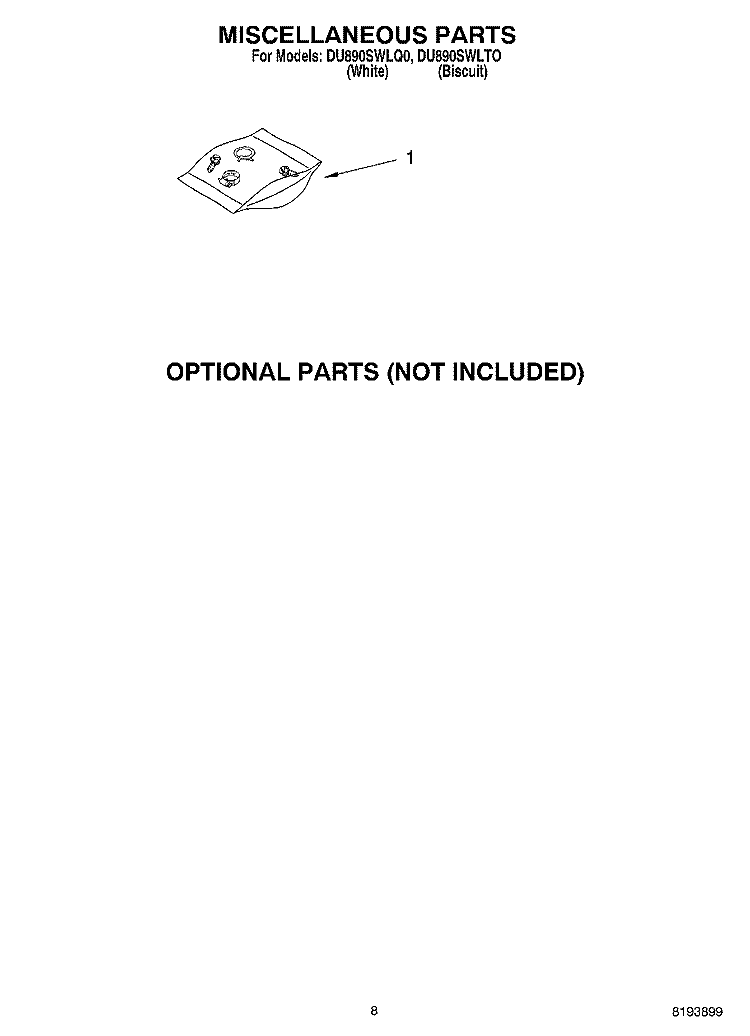 OPTIONAL PARTS (NOT INCLUDED) MISCELLANEOUS PARTS Diagram and Parts List for DU890SWLTO  Whirlpool Dishwasher