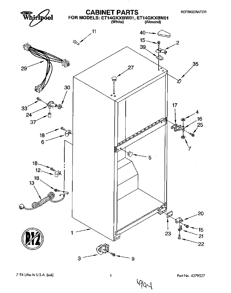 CABINET Diagram and Parts List for ET14GKXBW01  Whirlpool Refrigerator