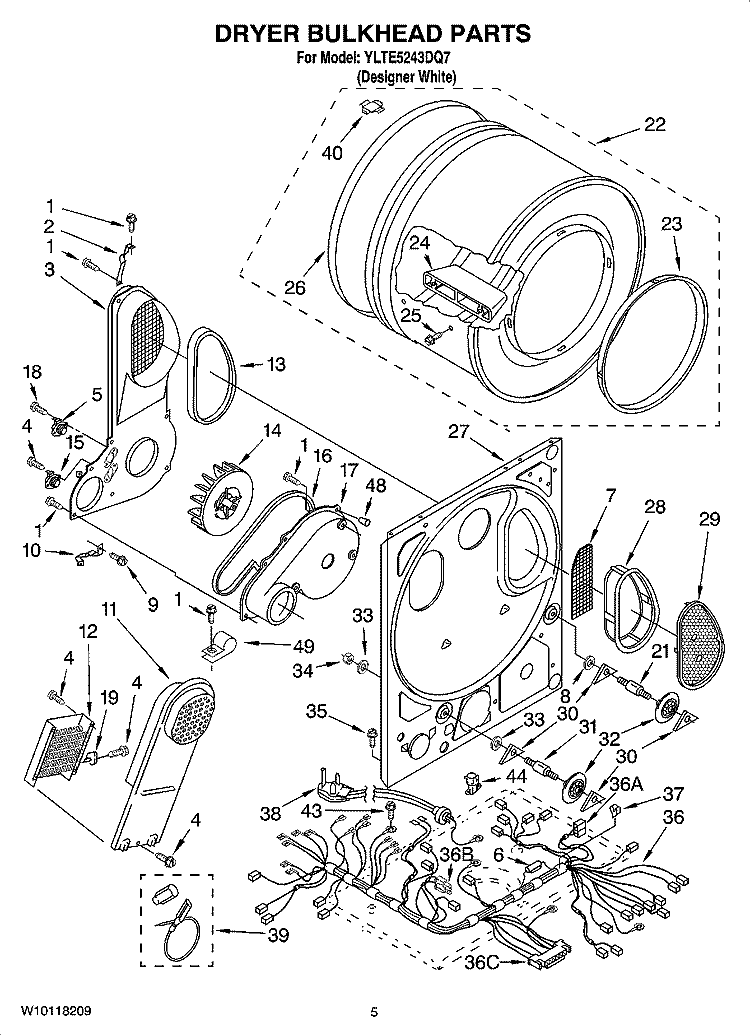 DRYER BULKHEAD PARTS Diagram and Parts List for YLTE5243DQ7  Whirlpool Washer Dryer Combo