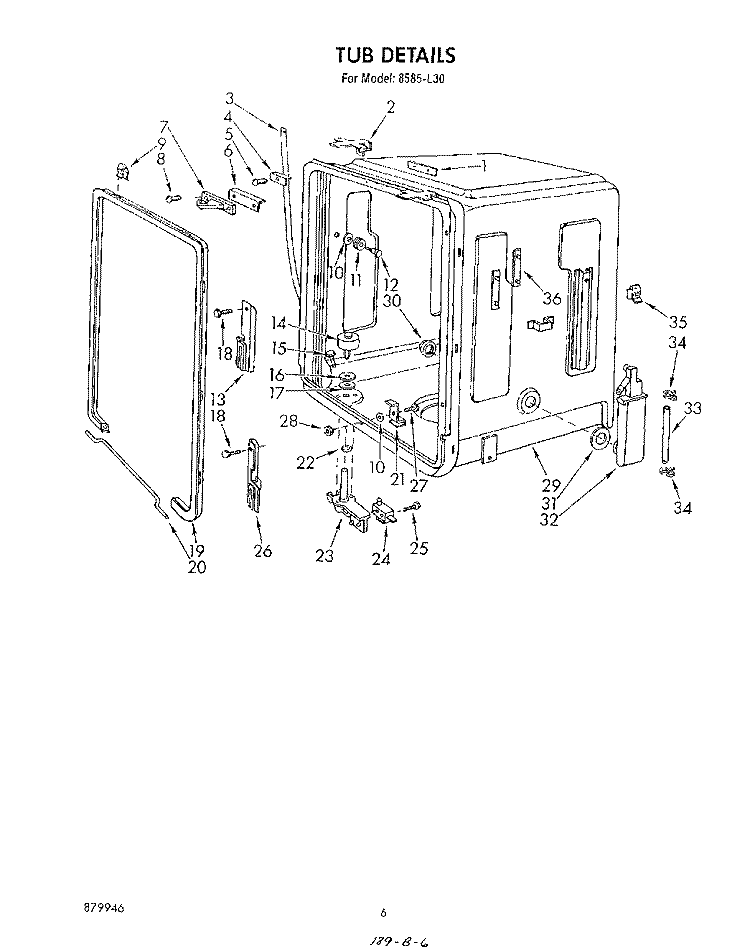 TUB Diagram and Parts List for 8585L30  Roper Dishwasher