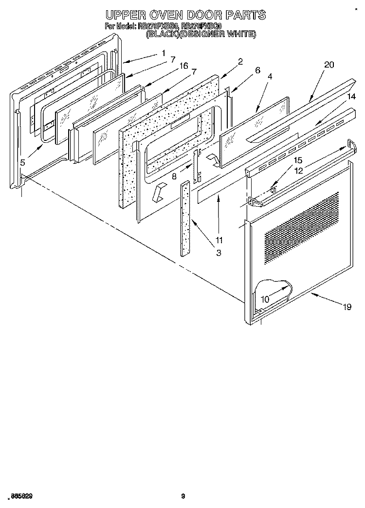 UPPER OVEN DOOR Diagram and Parts List for RB270PXBB0  Whirlpool Wall Oven