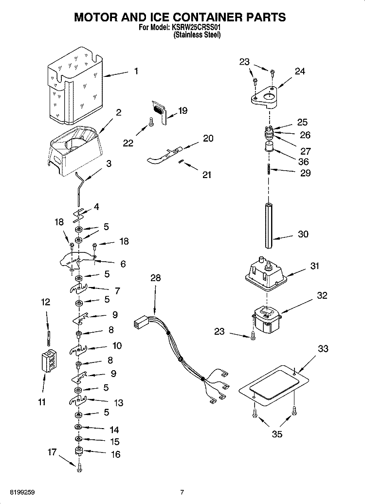 MOTOR AND ICE CONTAINER PARTS Diagram and Parts List for KSRW25CRSS01  KitchenAid Refrigerator