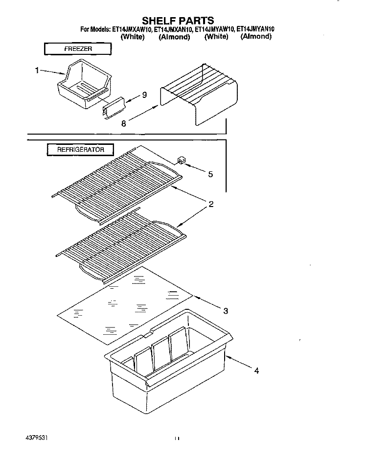 SHELF Diagram and Parts List for ET14JMXAN10  Whirlpool Refrigerator