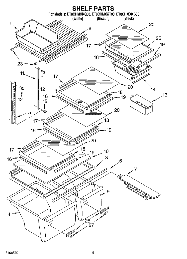 SHELF PARTS Diagram and Parts List for ET8CHMXKQ03  Whirlpool Refrigerator