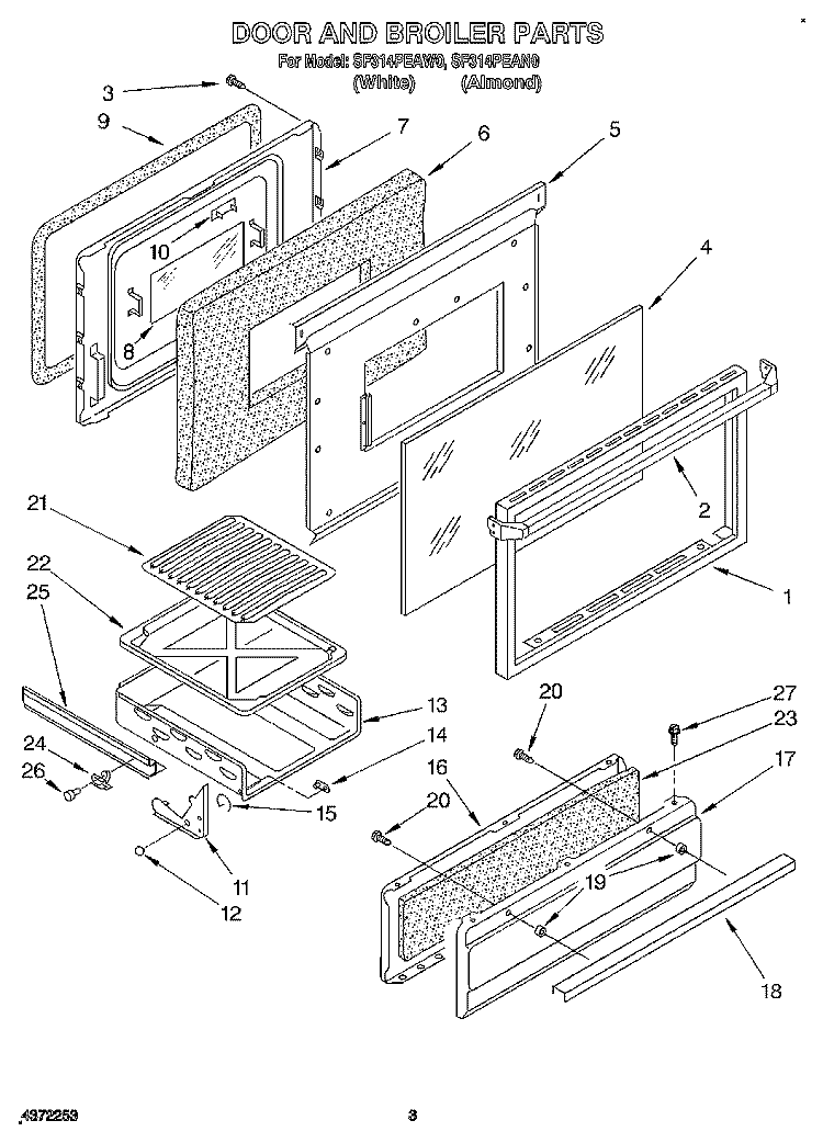 DOOR AND BROILER Diagram and Parts List for SF314PEAN0  Whirlpool Range