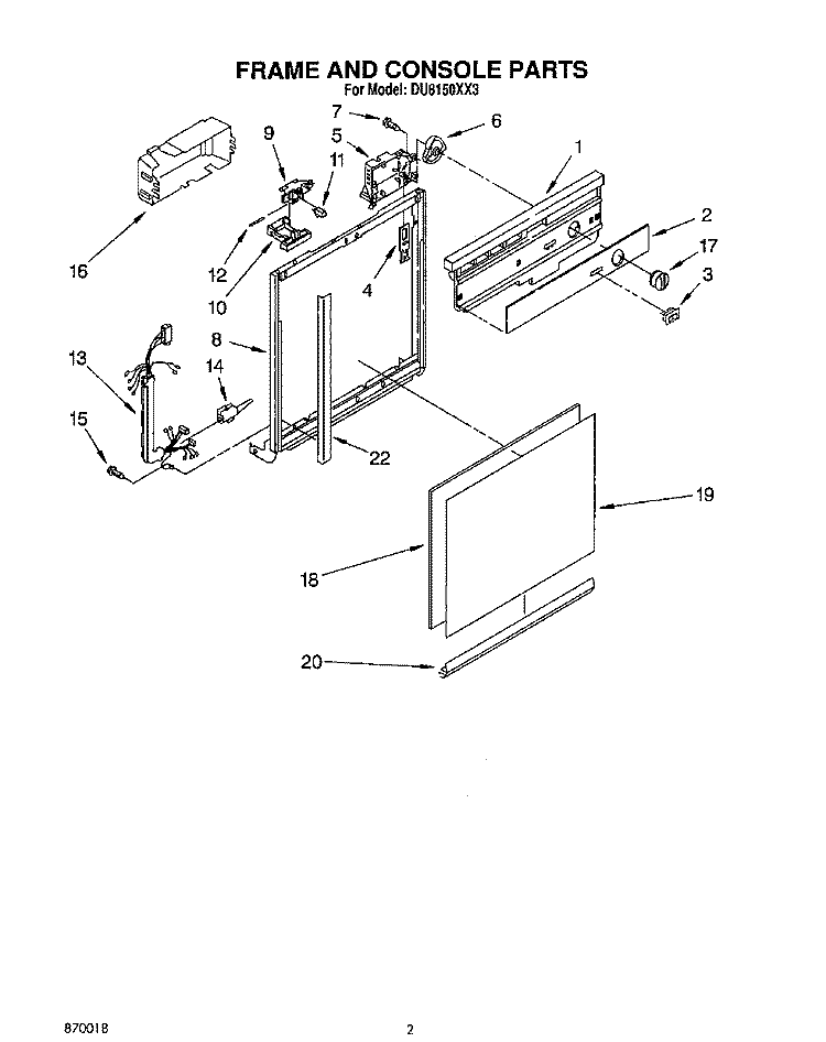 FRAME AND CONSOLE Diagram and Parts List for DU8150XX3  Whirlpool Dishwasher