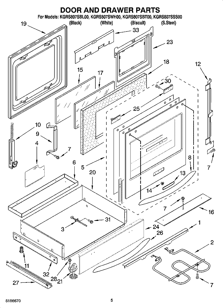 DOOR AND DRAWER PARTS Diagram and Parts List for KGRS807SBL00  KitchenAid Range
