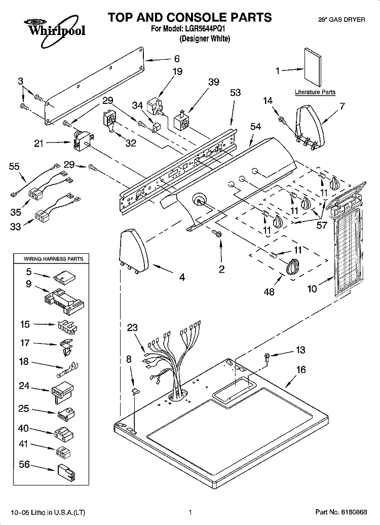TOP AND CONSOLE PARTS Diagram and Parts List for LGR5644PQ1  Whirlpool Dryer