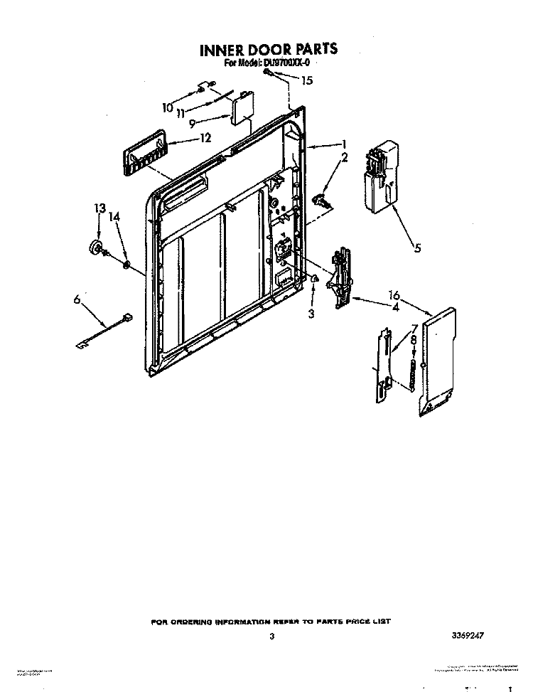 INNER DOOR Diagram and Parts List for DU9700XX0  Whirlpool Dishwasher