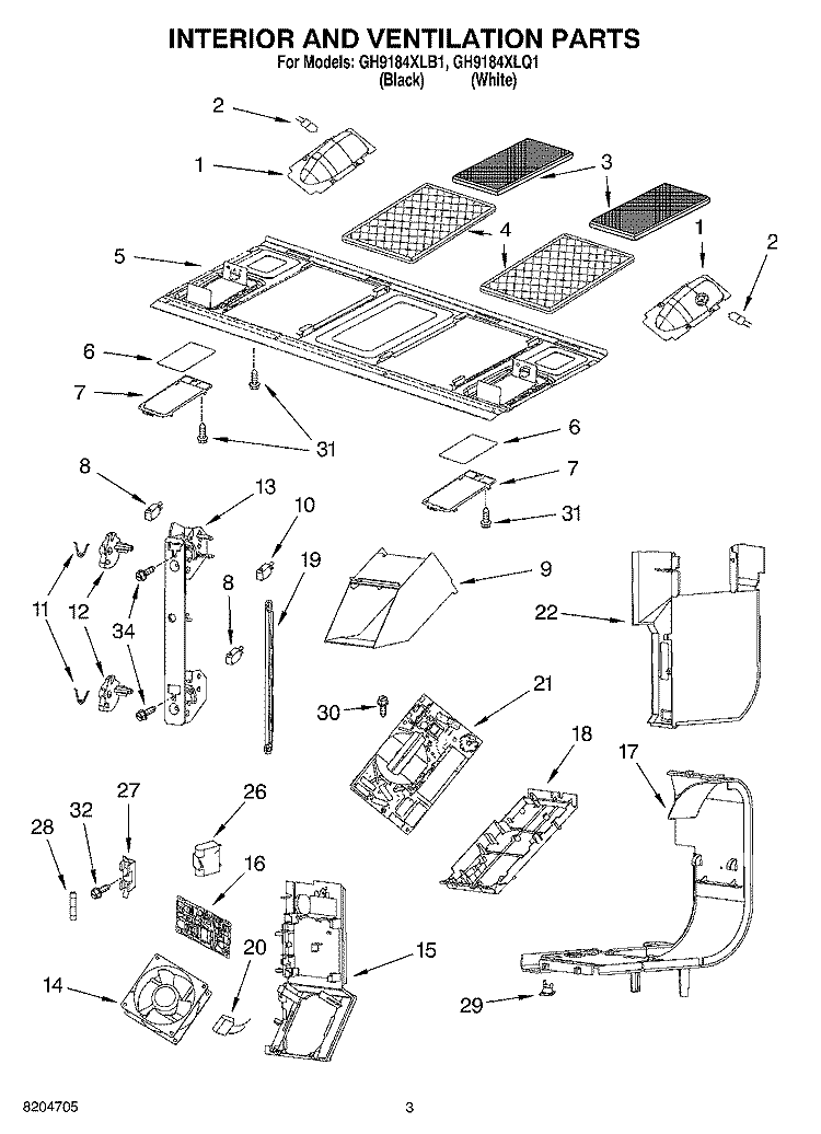 INTERIOR AND VENTILATION PARTS Diagram and Parts List for GH9184XLB1  Whirlpool Microwave