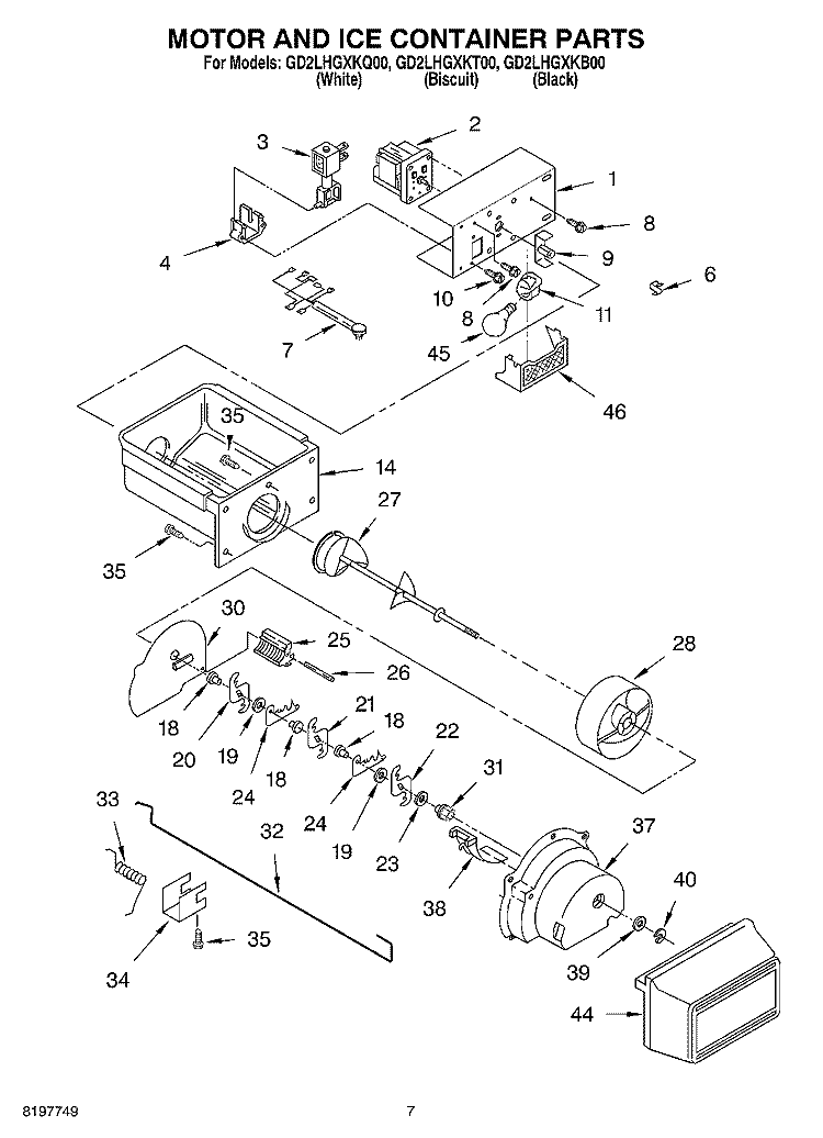 MOTOR AND ICE CONTAINER Diagram and Parts List for GD2LHGXKB00  Whirlpool Refrigerator