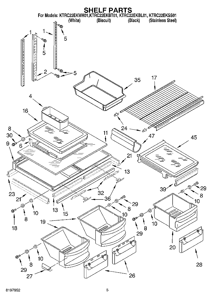 SHELF Diagram and Parts List for KTRC22EKWH01  KitchenAid Refrigerator