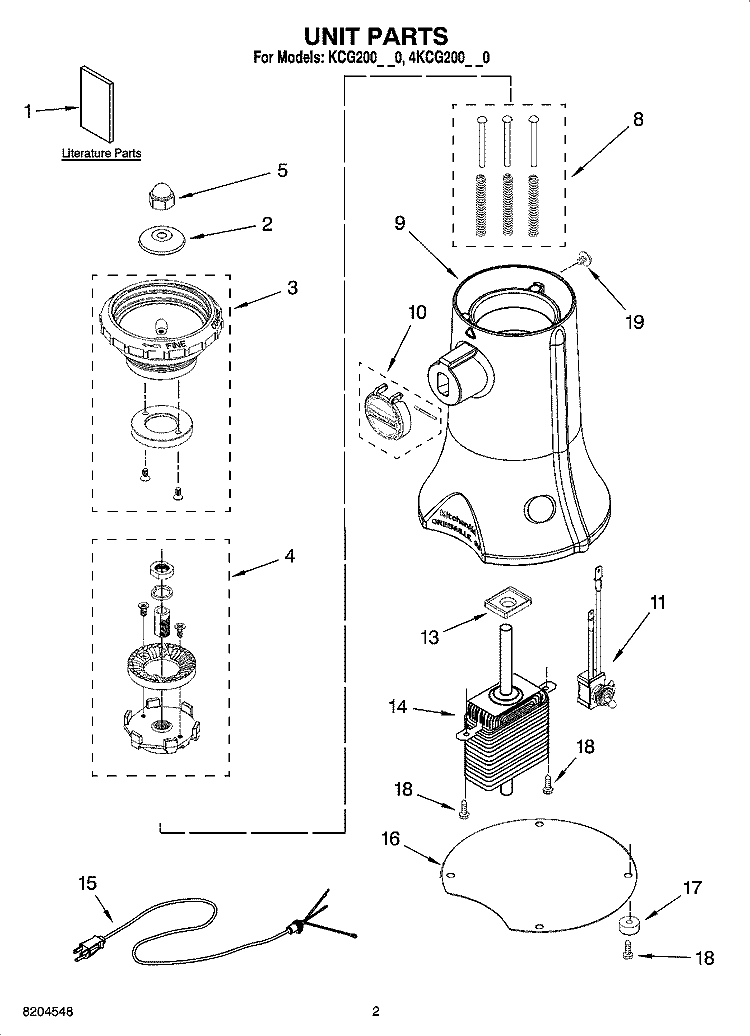 UNIT PARTS Diagram and Parts List for KCG200ER0  KitchenAid Coffee Grinder