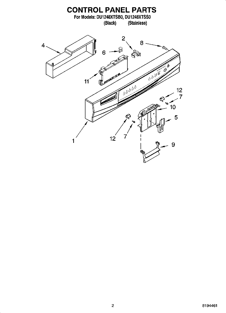 CONTROL PANEL PARTS Diagram and Parts List for DU1248XTSB0  Whirlpool Dishwasher