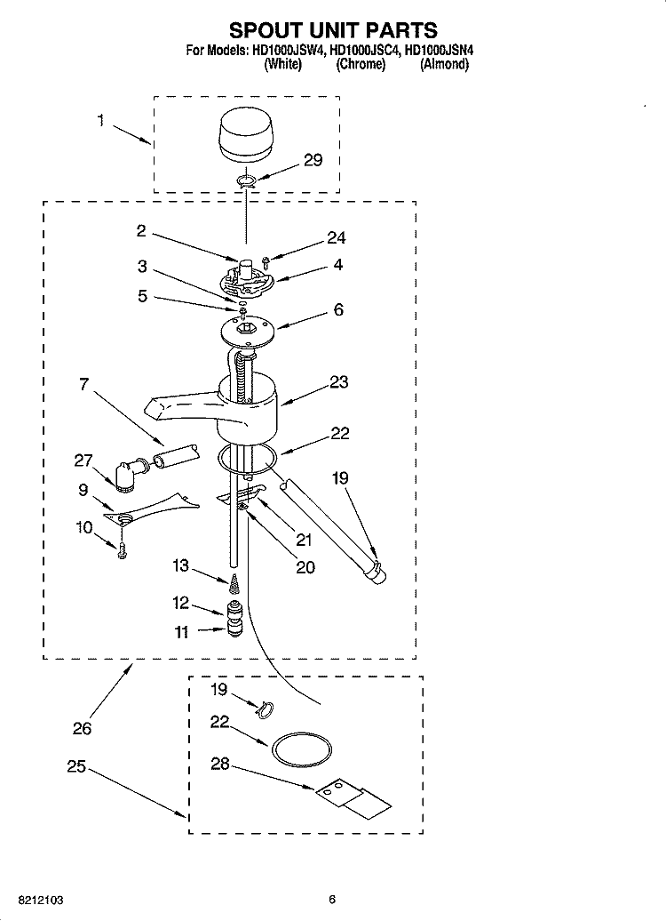 SPOUT UNIT PARTS Diagram and Parts List for HD1000JSW4  Whirlpool Miscellaneous