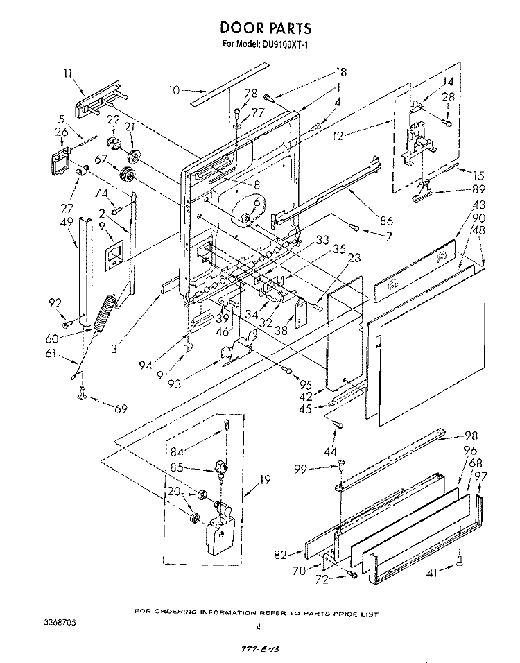 DOOR Diagram and Parts List for DU9100XT1  Whirlpool Dishwasher
