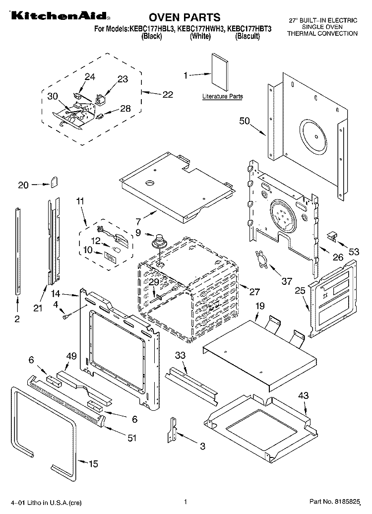 OVEN, LITERATURE Diagram and Parts List for KEBC177HBL3  KitchenAid Wall Oven