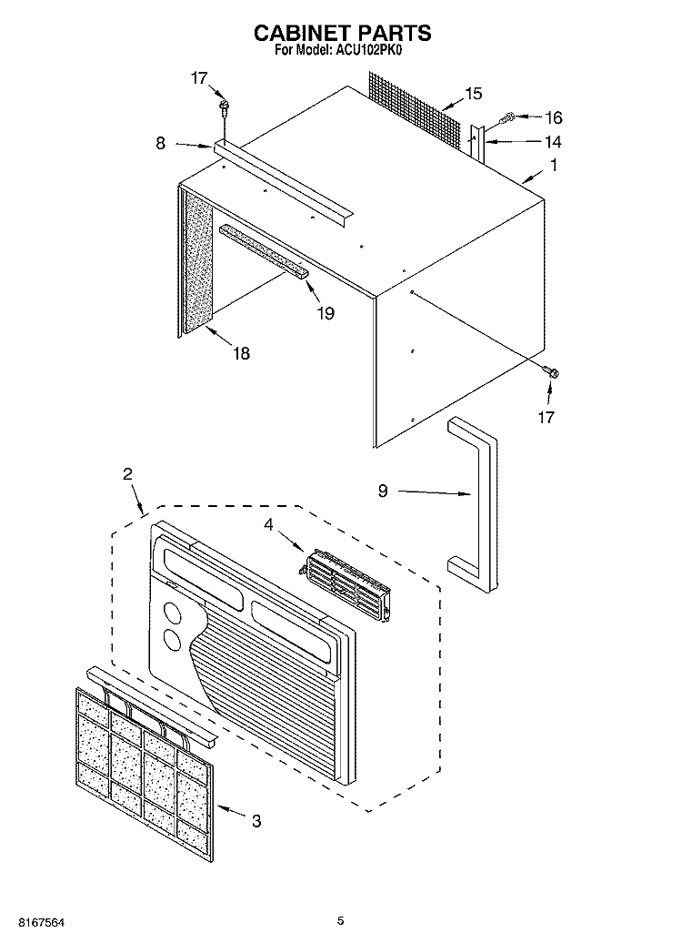 CABINET PARTS Diagram and Parts List for ACU102PK0  Whirlpool Air Conditioner