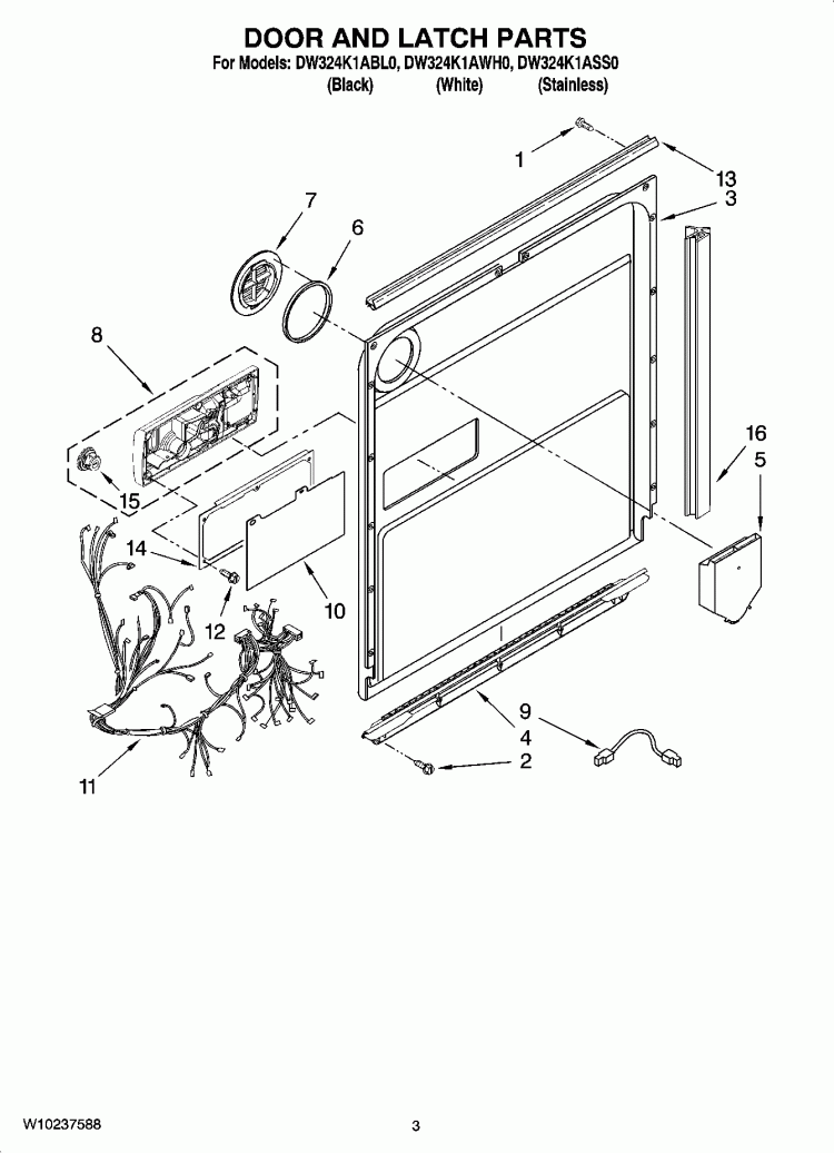 DOOR AND LATCH PARTS Diagram and Parts List for DW324K1ABL0  Whirlpool Dishwasher