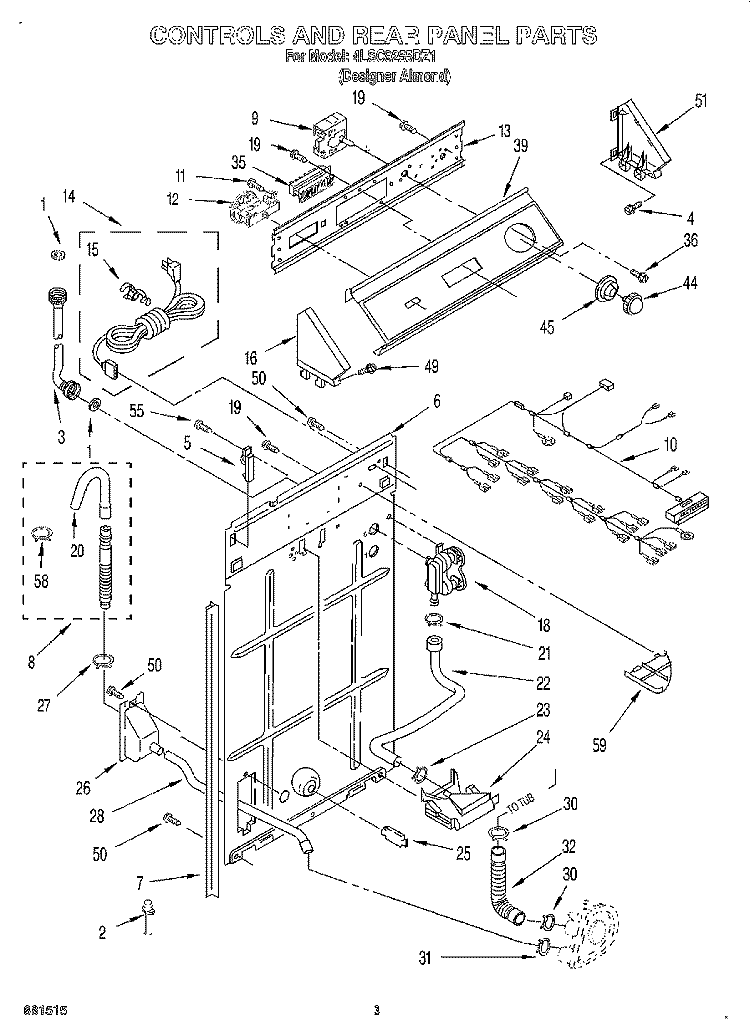 CONTROLS AND REAR PANEL Diagram and Parts List for 4LSC9255DZ1  Whirlpool Washer
