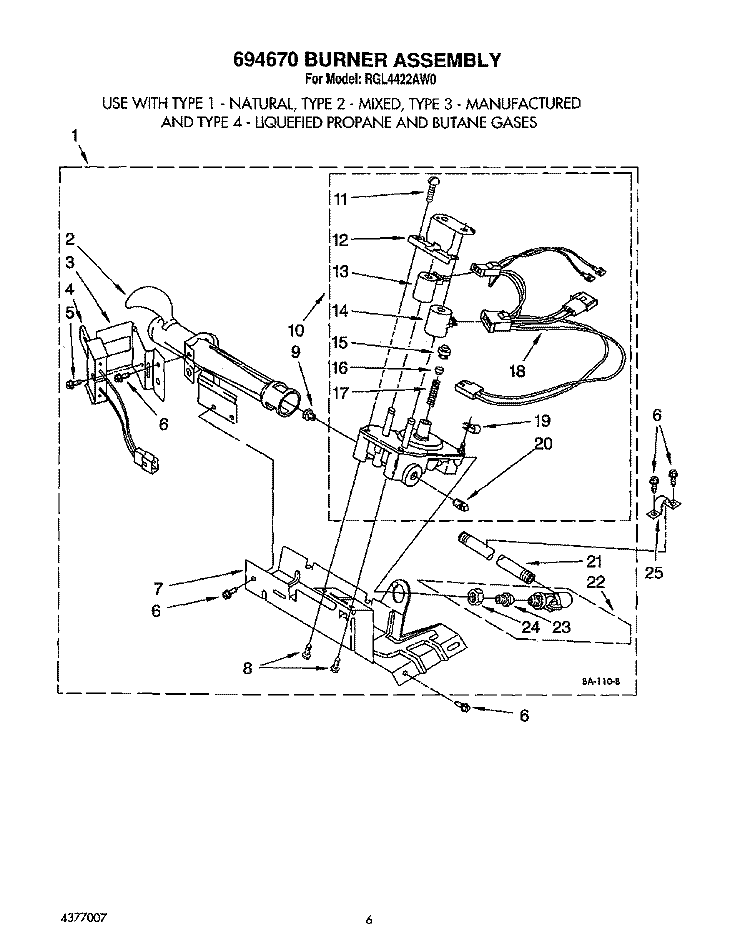 694670 BURNER ASSEMBLY Diagram and Parts List for RGL4422AW0  Roper Dryer