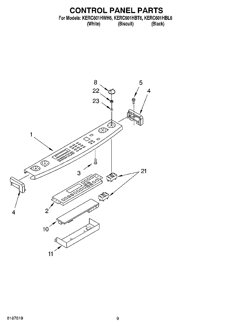 CONTROL PANEL Diagram and Parts List for KERC601HBL6  KitchenAid Range