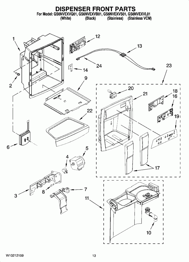 DISPENSER FRONT PARTS Diagram and Parts List for GS6NVEXVS01  Whirlpool Refrigerator