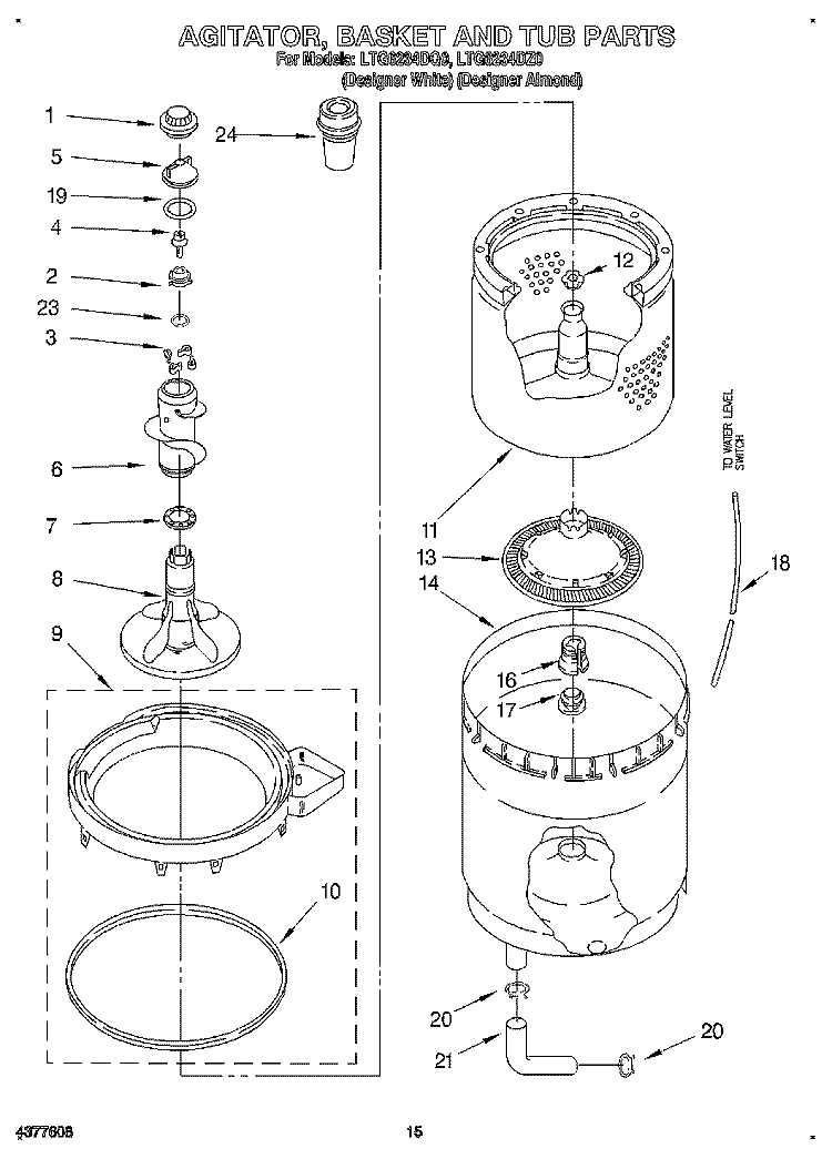 AGITATOR, BASKET AND TUB Diagram and Parts List for LTG6234DQ0  Whirlpool Washer Dryer Combo