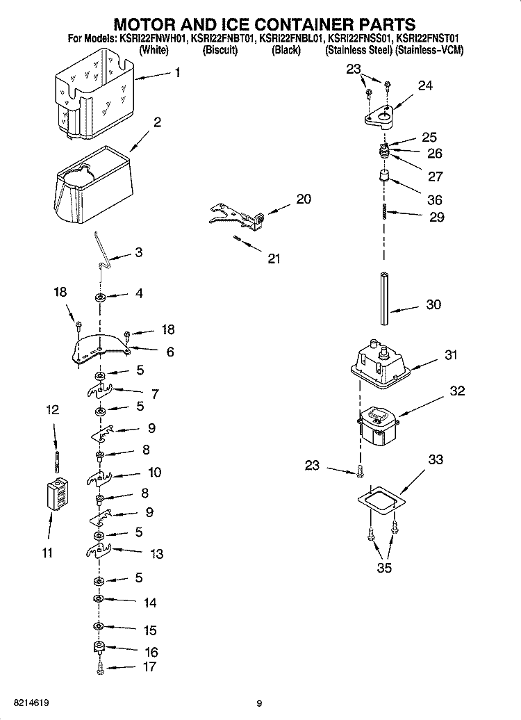MOTOR AND ICE CONTAINER PARTS Diagram and Parts List for KSRI22FNBL01  KitchenAid Refrigerator