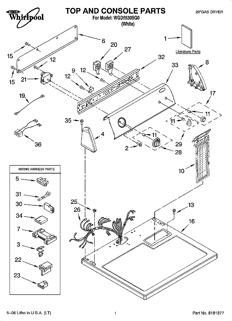 TOP AND CONSOLE PARTS Diagram and Parts List for WGD5530SQ0  Whirlpool Dryer