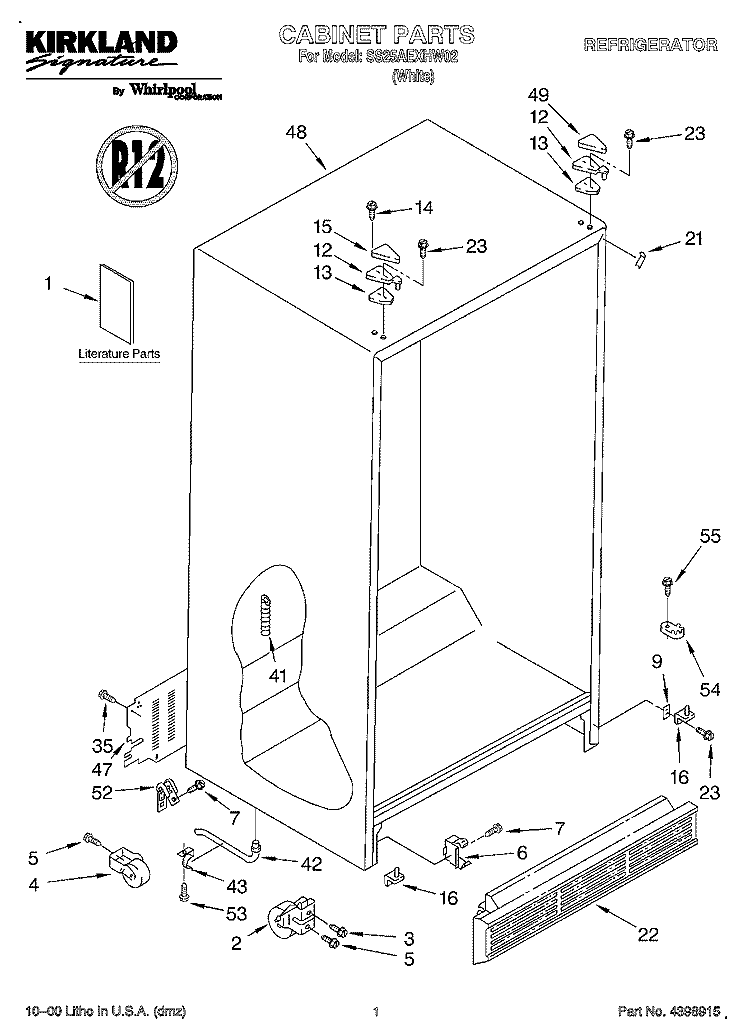 CABINET, LITERATURE Diagram and Parts List for SS25AEXHW02  Whirlpool Refrigerator