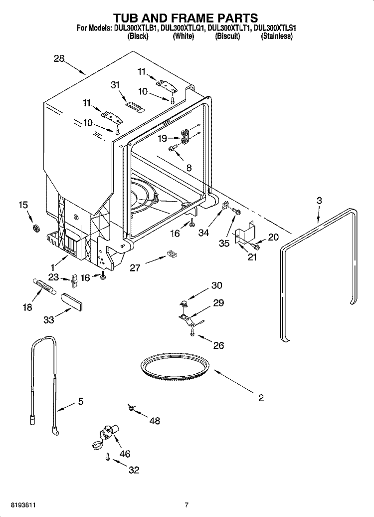 TUB AND FRAME PARTS Diagram and Parts List for DUL300XTLQ1  Whirlpool Dishwasher
