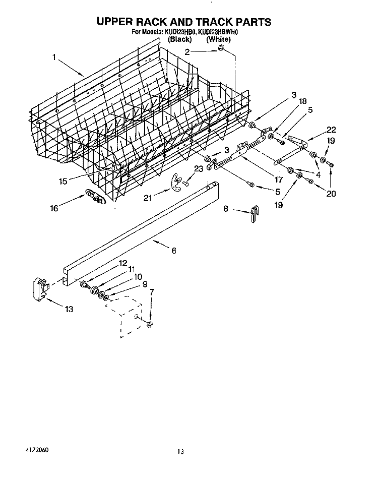 UPPER RACK AND TRACK Diagram and Parts List for KUDI23HBWH0  KitchenAid Dishwasher