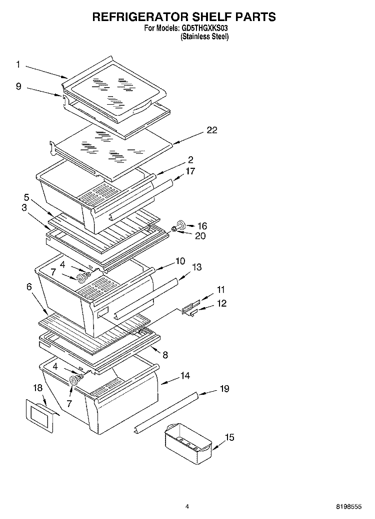 REFRIGERATOR SHELF PARTS Diagram and Parts List for GD5THGXKS03  Whirlpool Refrigerator