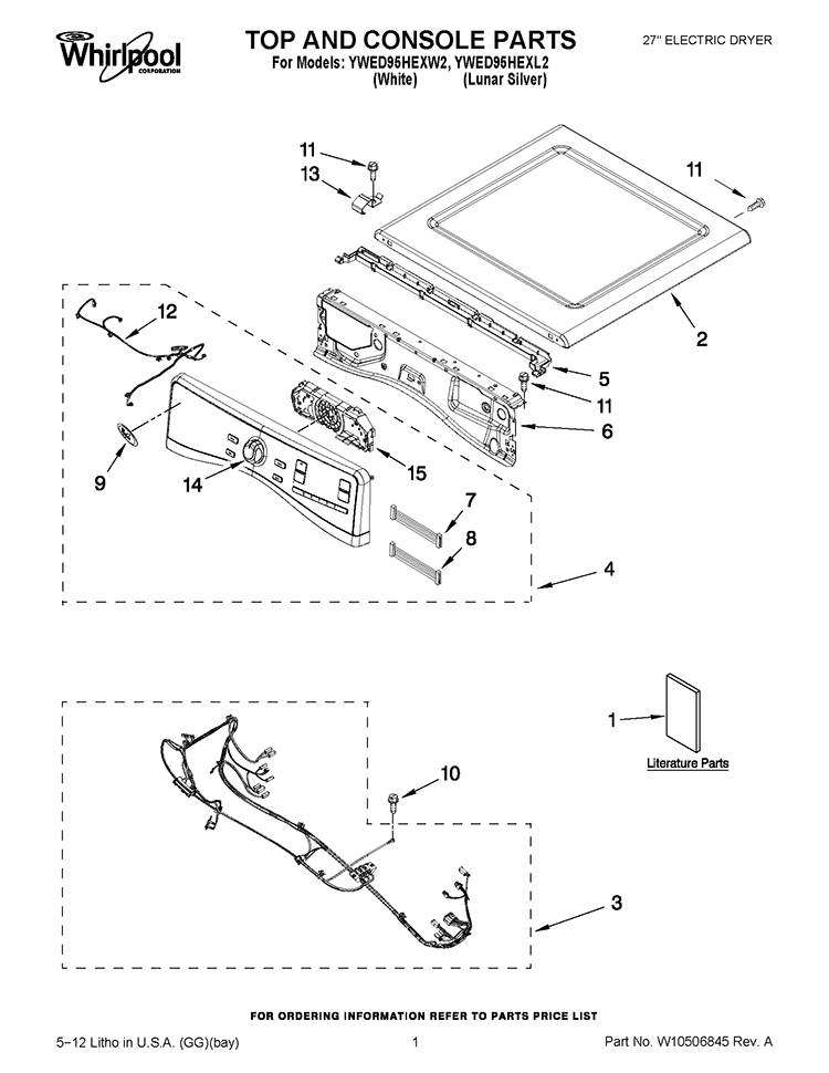 TOP AND CONSOLE PARTS Diagram and Parts List for YWED95HEXW2  Whirlpool Dryer