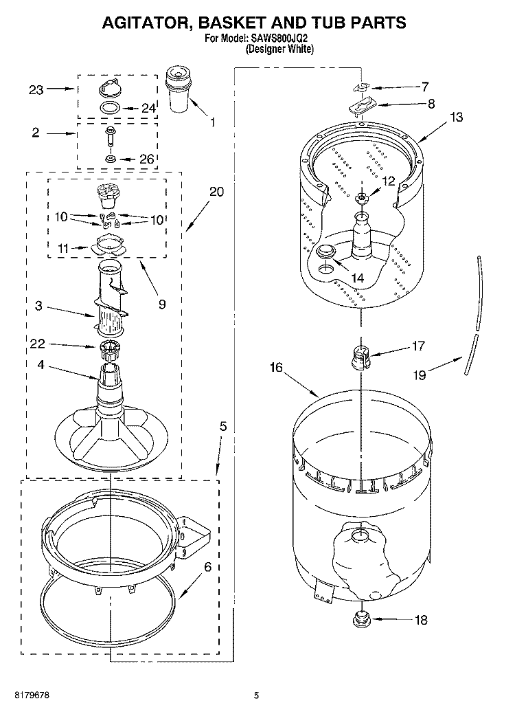 AGITATOR, BASKET AND TUB Diagram and Parts List for SAWS800JQ2  Whirlpool Washer