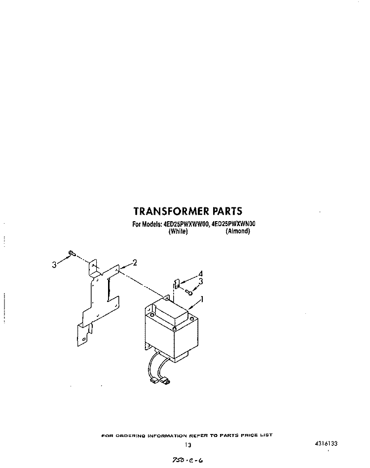 TRANSFORMER Diagram and Parts List for 4ED25PWXWN00  Whirlpool Refrigerator