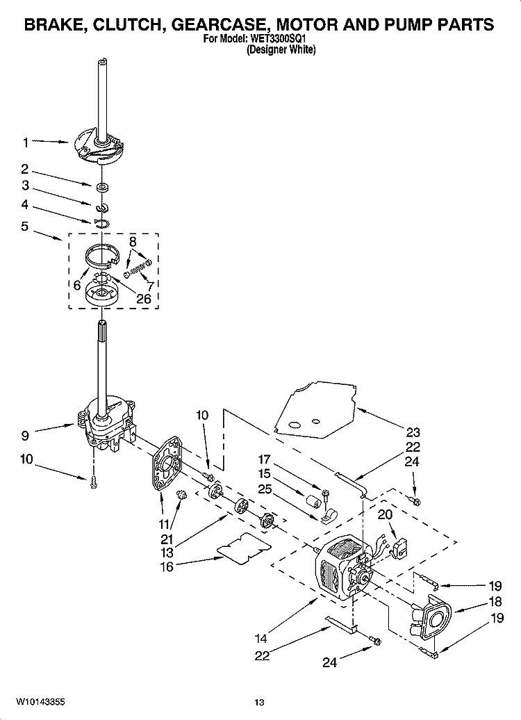 BRAKE, CLUTCH, GEARCASE, MOTOR AND PUMP PARTS Diagram and Parts List for WET3300SQ1  Whirlpool Washer Dryer Combo